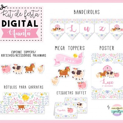 Kit de festa digital temática de quinta com bandeirolas, toppers, etiquetas e poster decorativos em tons pastel.