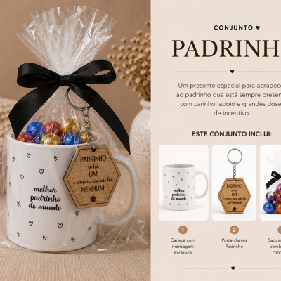 Conjunto de presente com caneca, porta-chaves e saco de chocolates para padrinho