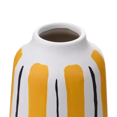 Vaso de cerâmica pintado com riscas amarelas e pretas
