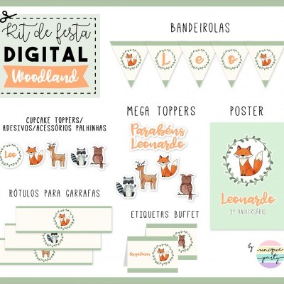 Kit digital festa Woodland com bandeirolas, toppers, rótulos e poster com tema de animais e texto comemorativo