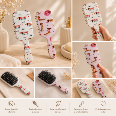 Escovas de cabelo com padrão de cães dachshund e texto woof em fundo branco e rosa