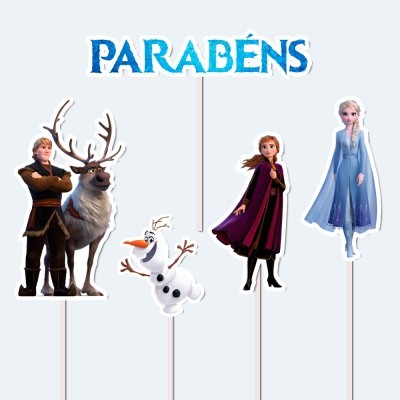 Toppers de bolo com personagens Frozen e texto PARABÉNS