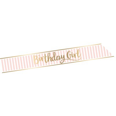 Faixa decorativa rosa e branca com texto dourado Birthday Girl