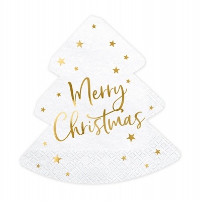 Guardanapo branco em forma de árvore de Natal com texto dourado