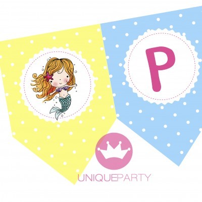 Bandeirola decorativa com sereia e letra P em fundos amarelo e azul com bolinhas brancas
