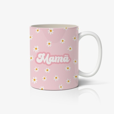 Caneca cor-de-rosa com flores e texto Mamã