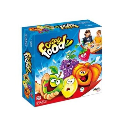Embalagem azul do jogo Crazy Food com frutas animadas e crianças a jogar no canto superior direito