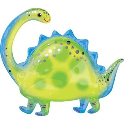 Balão insuflável em forma de dinossauro verde e azul com manchas e sorriso