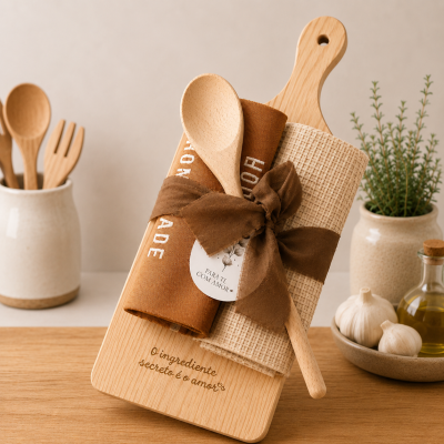 Tabua de madeira com colher e panos de cozinha e texto O ingrediente secreto é o amor