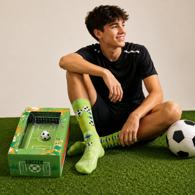 Par de meias verdes com padrão de futebol e caixa verde com palavra SOCCER junto a jovem sentado com bola de futebol.