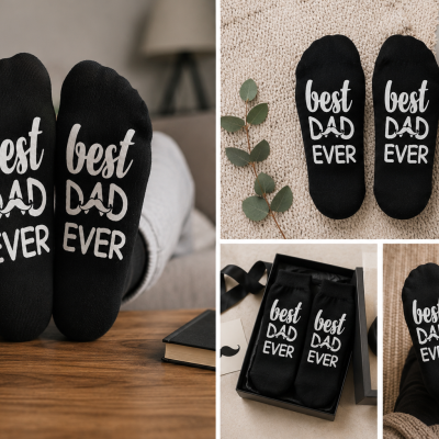 Meias pretas com a frase best DAD EVER em branco
