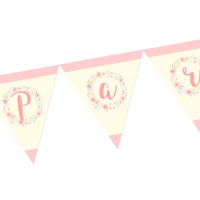 Bandeirolas rosas com letras e flores decorativas