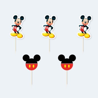 Cinco toppers para bolos do Mickey Mouse em papel colorido com palitos de madeira