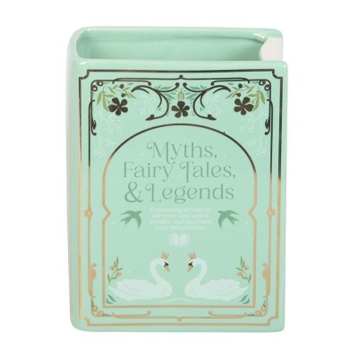 Caixa decorativa verde água com design de cisnes e texto tema contos mágicos