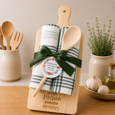 Tabuleiro de madeira com panos e colher de pau atados por fita verde