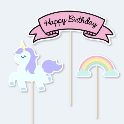 Decorações de papel para festa com texto, unicórnio e arco-íris em hastes de madeira