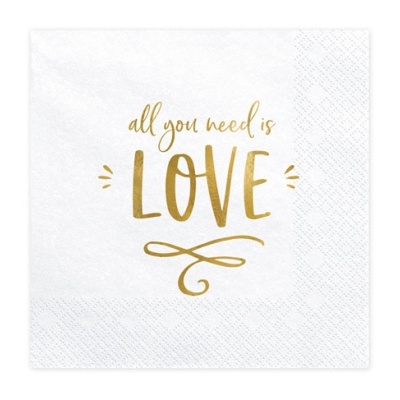 Guardanapo branco com frase dourada 'all you need is LOVE' e detalhe ornamental