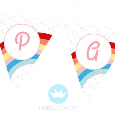 Bandeirinhas de papel com arco-íris e letras P e A em círculos brancos, fundo branco com estrelas cinza