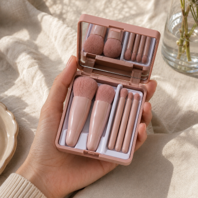 Conjunto de pincéis de maquilhagem cor de rosa em estojo com espelho segurado por mão