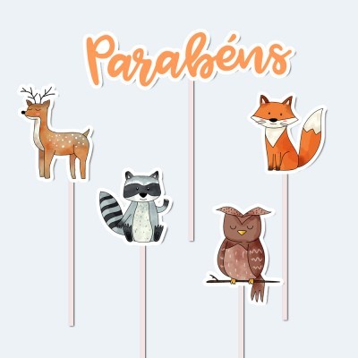 Toppers para bolos com desenhos de veado, guaxinim, raposa, coruja e a palavra 'Parabéns'.