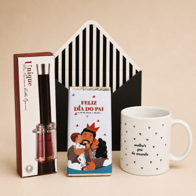 Conjunto presente Dia do Pai com abridor, chocolate ilustrado e caneca com texto e corações.
