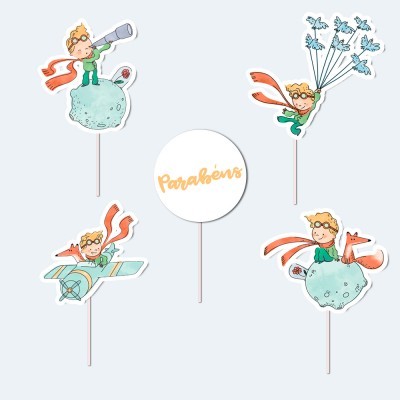 Conjunto de toppers de bolo O Principezinho em papel com palavra Parabéns