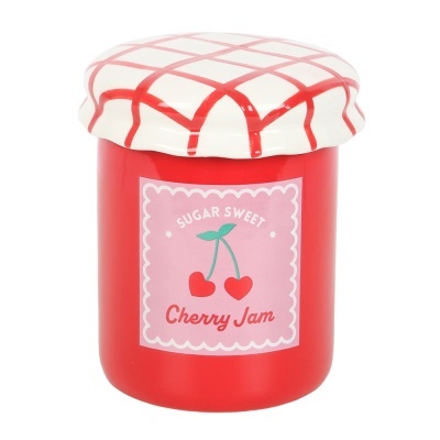 Frasco vermelho de compota de cereja com tampa branca decorada vermelho xadrez