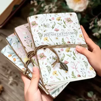 Cadernos decorativos com flores e amarrados com cordão castanho e pendente de folha