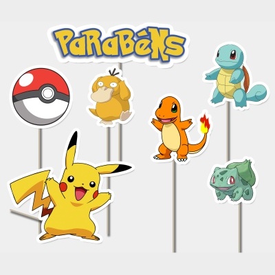 Recortes de papel com personagens de Pokémon e palavra PARABÉNS