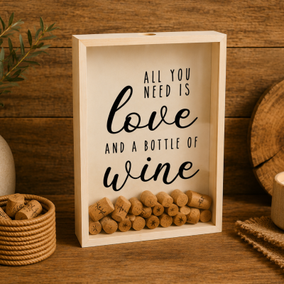 Quadro de madeira com texto sobre amor e vinho com rolhas, ao lado de vaso, cesto e vela acesa