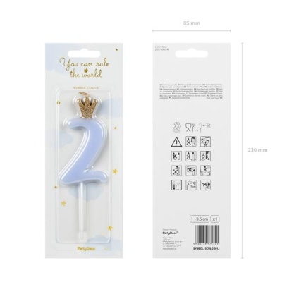 Vela número 2 azul com coroa dourada em embalagem com texto You can rule the world