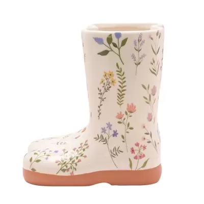 Bota de borracha branca com padrão floral colorido e sola castanha