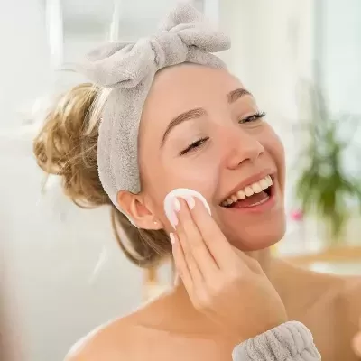 Mulher com faixa de cabelo cinzenta a aplicar algodão no rosto