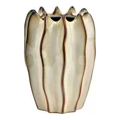 Vaso cerâmico bege com bordas onduladas castanhas
