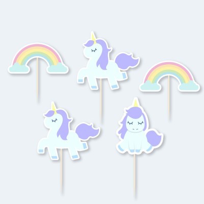 Toppers de bolo com desenhos de unicórnios e arcos-íris coloridos