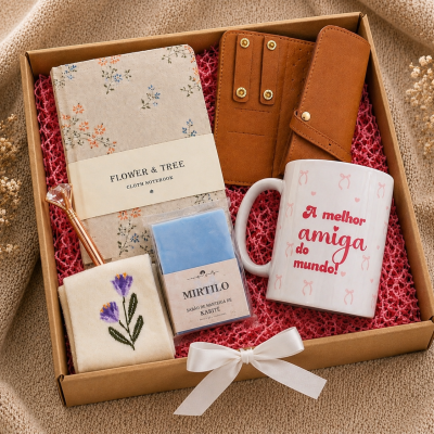 Conjunto de presente com caderno, caneta, sabonete, carteira, estojo e caneca com texto para amiga