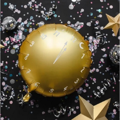 Balão dourado formato relógio com confetis, fitas, bolas espelhadas e estrelas