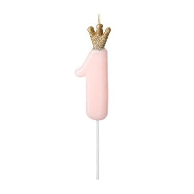 Vela número 1 cor-de-rosa com coroa dourada glitter