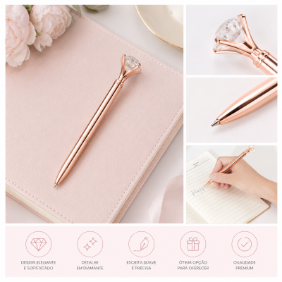 Caneta metálica dourada com topo em diamante sobre agenda cor de rosa clara