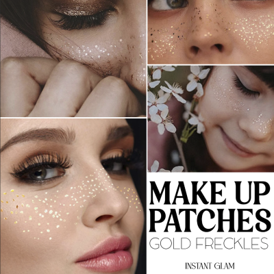 Mulheres com patches dourados de maquilhagem em sardas e texto promocional de produto