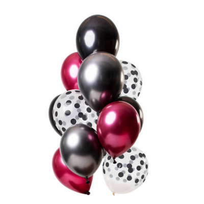 Balões coloridos de látex, alguns com bolinhas pretas, agrupados verticalmente