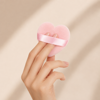 Esponja de pó rosa em forma de coração com fita satinada nas mãos de uma mulher, fundo bege claro.