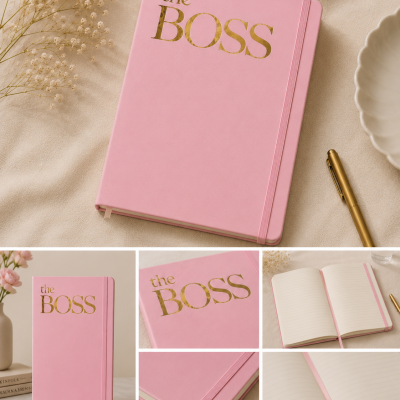 Caderno rosa com capa com texto dourado THE BOSS e páginas pautadas aberto e fechado