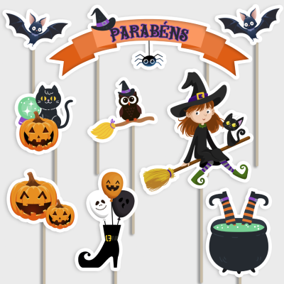 Decorações de Halloween coloridas com texto PARABÉNS