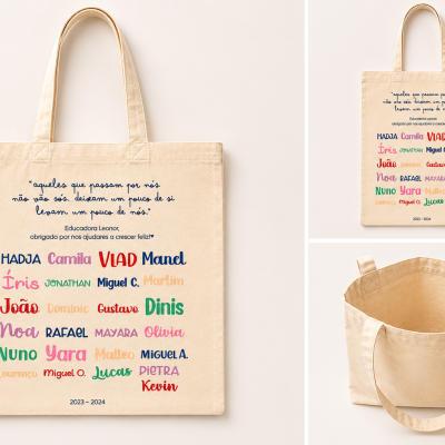 Saco de pano bege com texto e nomes coloridos impressos