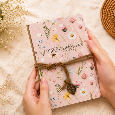 Caderno floral rosa com fecho de cordão castanho e pendente de folha segurado por mãos sobre tecido e flores secas.