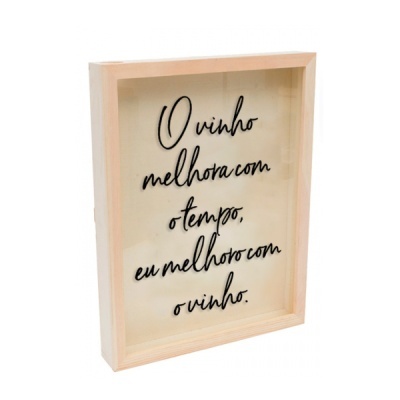 Quadro decorativo com moldura de madeira clara e texto preto sobre fundo transparente