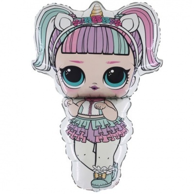 Balão decorativo em forma de boneca LOL com cores pastel e detalhes de unicórnio.