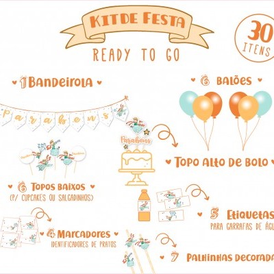 Kit de festa com itens decorativos em cores pastel incluindo bandeirola, balões, topos de bolo, etiquetas, marcadores e palhinhas