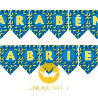 Bandeirolas azuis e amarelas com tema Minions a dizer PARABÉNS GABRIEL